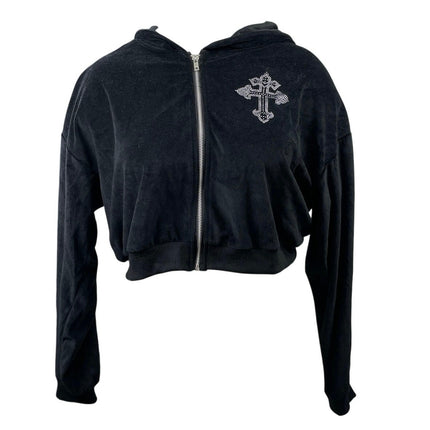 Fashion Nova Black Velvet Velour Saint Rhinestone Hooded Crop Jacket Top Size L