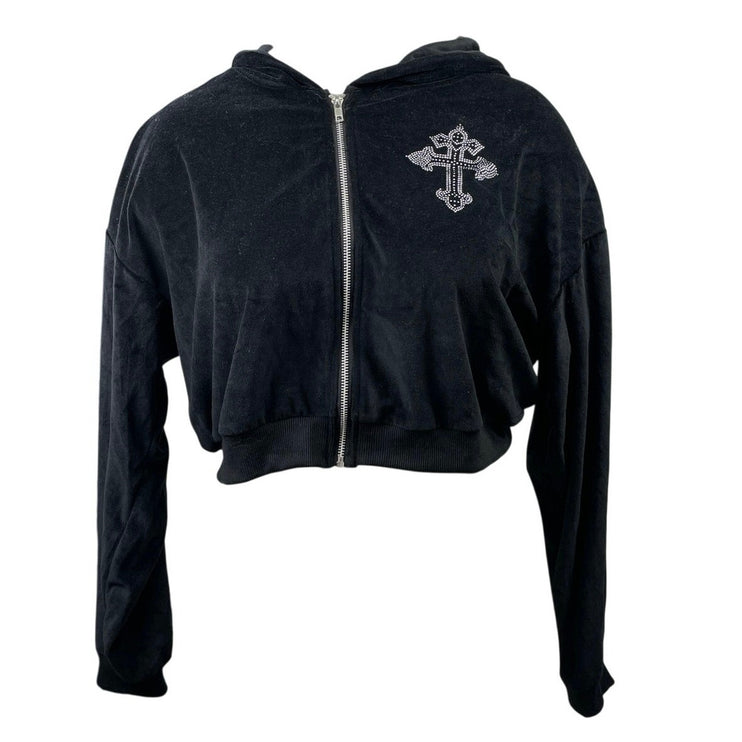 Fashion Nova Black Velvet Velour Saint Rhinestone Hooded Crop Jacket Top Size L