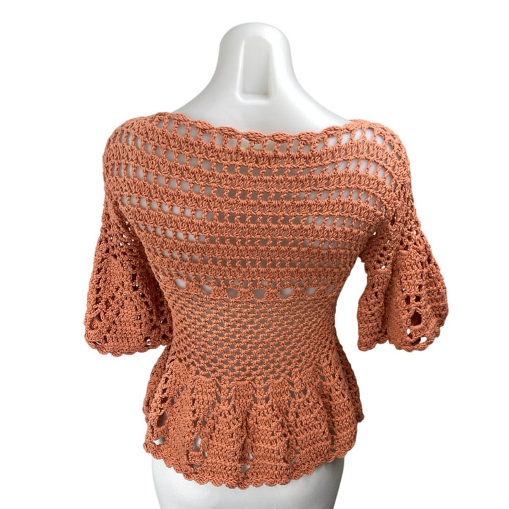 Anthropologie Veroalfie Brown Crochet Open Knit Short Sleeve Peplum Blouse Top 2