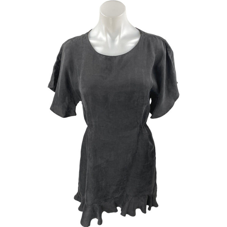 Zara Black Faux Suede Short Flutter Sleeve Zip Ruffle Mini A-Line Dress Size M