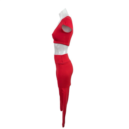 Set Active Red Short Sleeve Scoop Neck Crop Top Leggings Athletic Set Size S
