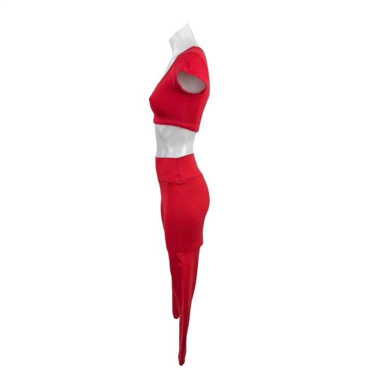 Set Active Red Short Sleeve Scoop Neck Crop Top Leggings Athletic Set Size S