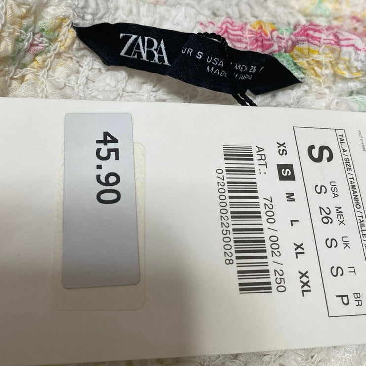 NEW Zara Women's White Floral Smocked Short Puff Sleeve Crop Blouse Top Size S