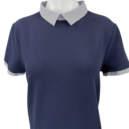 Zara Women's Navy Blue Knit Stripe Collar Short Sleeve Mini Polo Shift Dress L