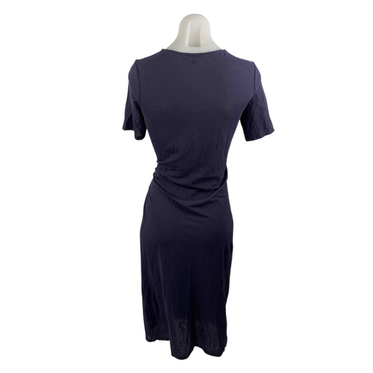Cos Navy Blue Tie Waist Crew Neck Short Sleeves Midi Bodycon Sheath Dress Sz XS