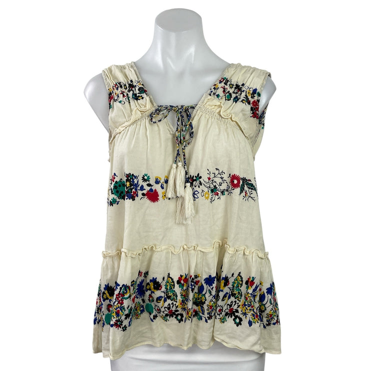 Derek Lam 10 Crosby Cream Floral Tassel Tie Ruffle Tiered Boho Blouse Top Sz 00