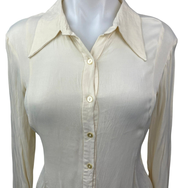 Zara Cream Silk Satin Fitted Lightweight Long Sleeve Button Down Shirt Top Sz XS