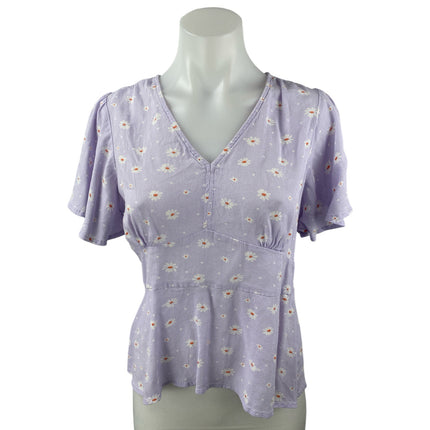 Ann Taylor LOFT Purple Lilac Floral Daisy Short Sleeve Peplum Blouse Top Size 6