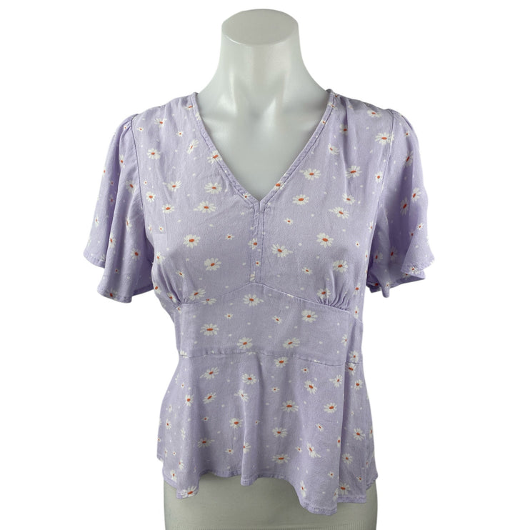 Ann Taylor LOFT Purple Lilac Floral Daisy Short Sleeve Peplum Blouse Top Size 6