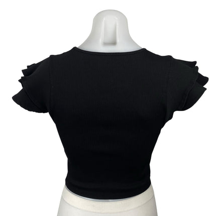 Zara Women's Black Ruffle Sleeve Crew Neck Ribbed Knit Cropped Blouse Top Size S