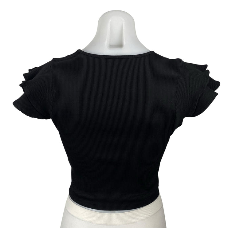 Zara Women's Black Ruffle Sleeve Crew Neck Ribbed Knit Cropped Blouse Top Size S