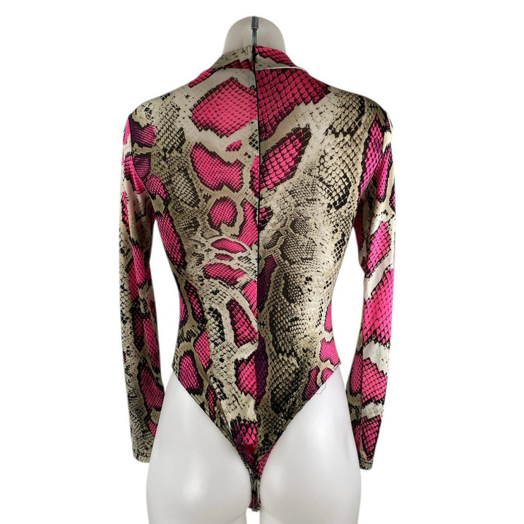 Fashion Queen Women's Multicolor Snake Skin Long Sleeve Mock Neck Bodysuit Top S