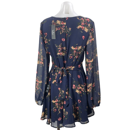 NEW Lulus Blue Floral Long Sleeve Mesh V Neck Button Fit & Flare Mini Dress Sz M