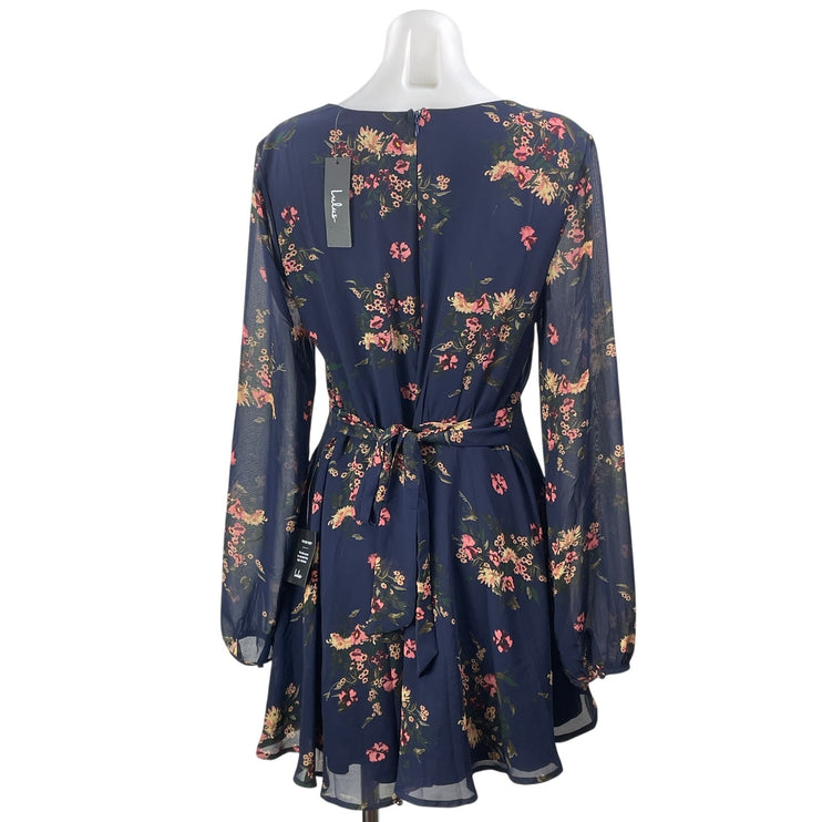 NEW Lulus Blue Floral Long Sleeve Mesh V Neck Button Fit & Flare Mini Dress Sz M