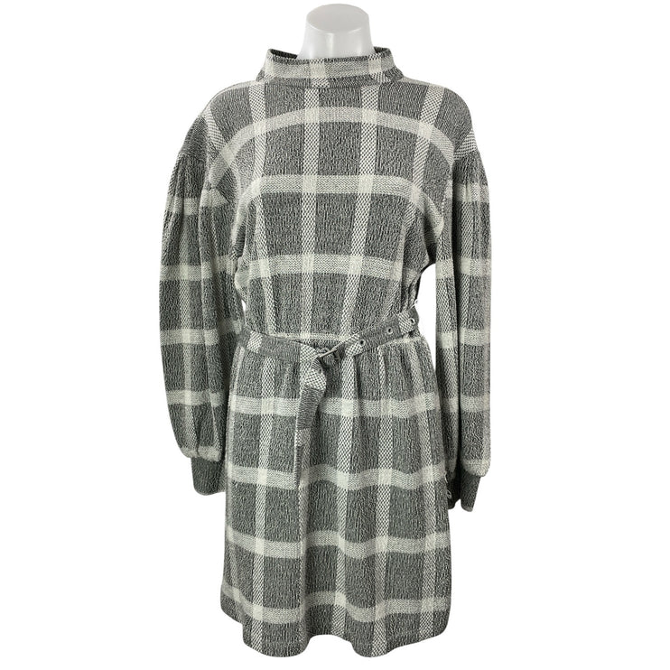 Free People Hampstead Gray Plaid Long Sleeve Mock Tie Mini Sweater Dress Size S
