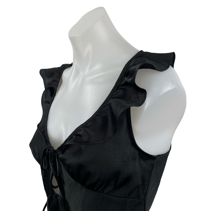 Aritzia Wilfred Tonka Satin Women's Black Ruffle Sleeveless Tie Blouse Top Sz XS