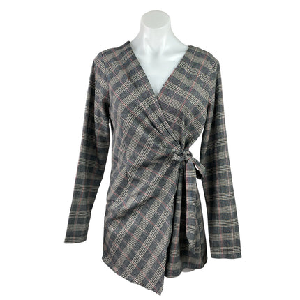Favlux Women's Gray Plaid Houndstooth Long Sleeve Wrap Ramper Shorts Size M