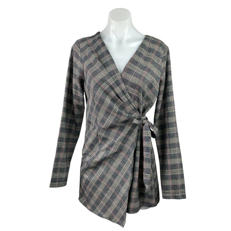 Favlux Women's Gray Plaid Houndstooth Long Sleeve Wrap Ramper Shorts Size M