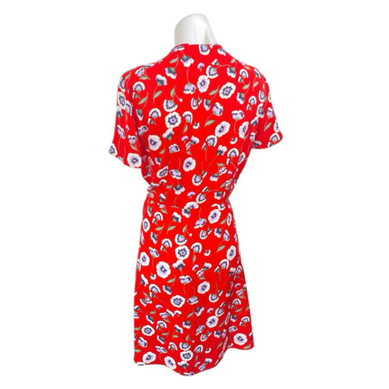 J.Crew Red Floral Short Sleeve V-Neck Tie Waist Mini Fit & Flare Wrap Dress Sz 6