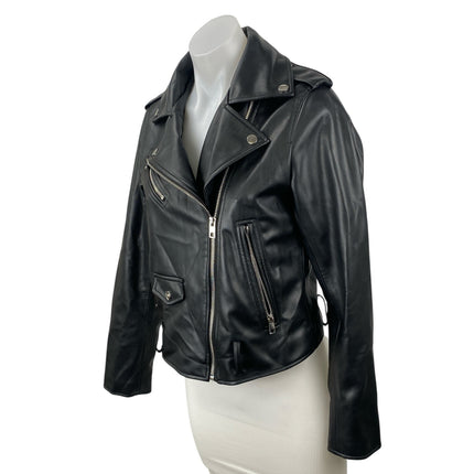 Zara Black Faux Vegan Leather Notch Collar Long Sleeve Moto Biker Coat Jacket M