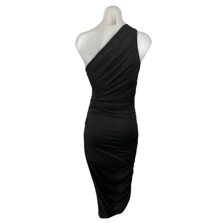 NEW Sincerely Jules Black Sleeveless One Shoulder Ruched Midi Bodycon Dress Sz M