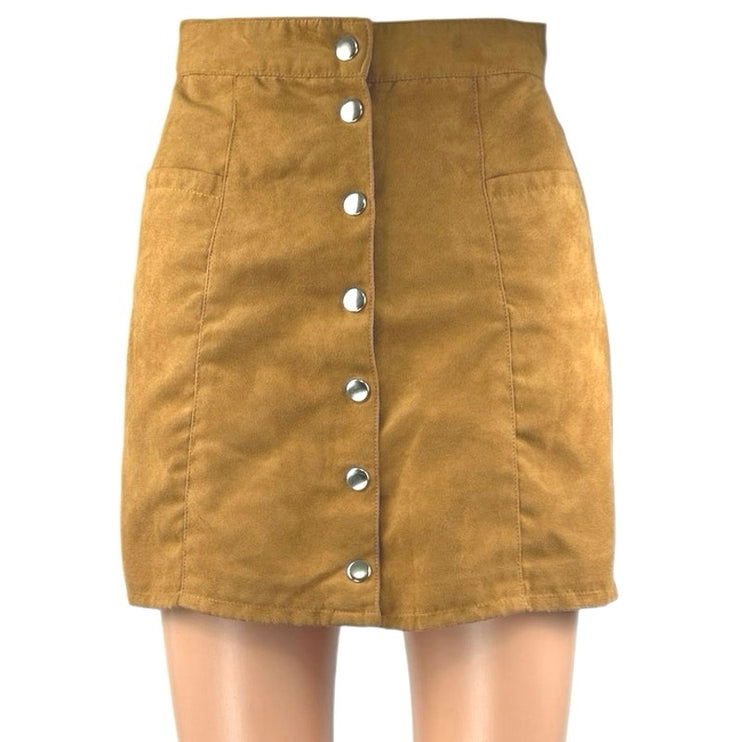 H&M Tan High Waisted Faux Suede Pocket Button Down A Line Mini Skirt Size 2