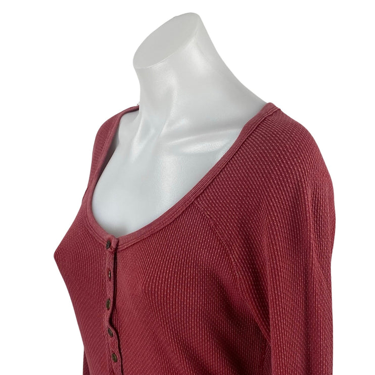 Free People Alpine Cuff Red Long Sleeve Henley Waffle Knit Thermal Sweater Top M