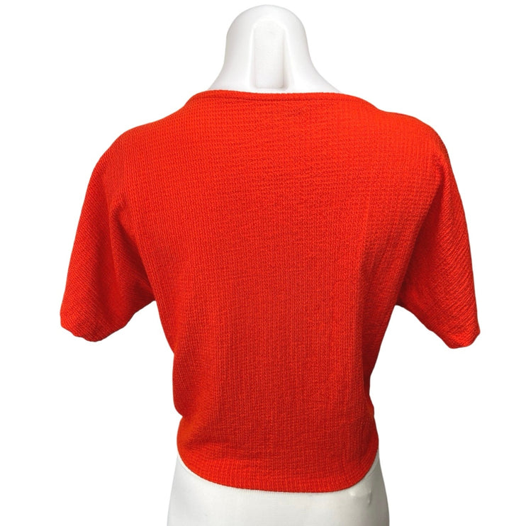 Zara Orange Textured V-Neck Short Sleeve Tie Front Crop Shirt Blouse Top Size S