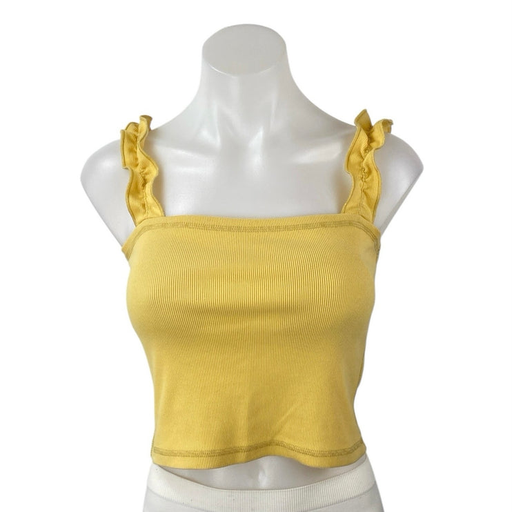 Abercrombie & Fitch Yellow Rib Knit Sleeveless Ruffle Strap Cami Crop Tank Top M