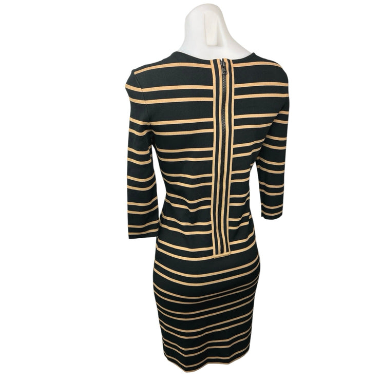 Pink Tartan Black Striped Knit 3/4 Sleeve Crewneck Zip Up Mini Bodycon Dress S