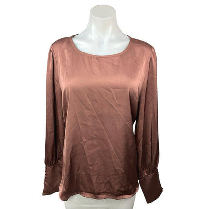 Skies Are Blue Brown Pink Silk Satin Crew Neck Long Sleeve Blouse Top Size XL