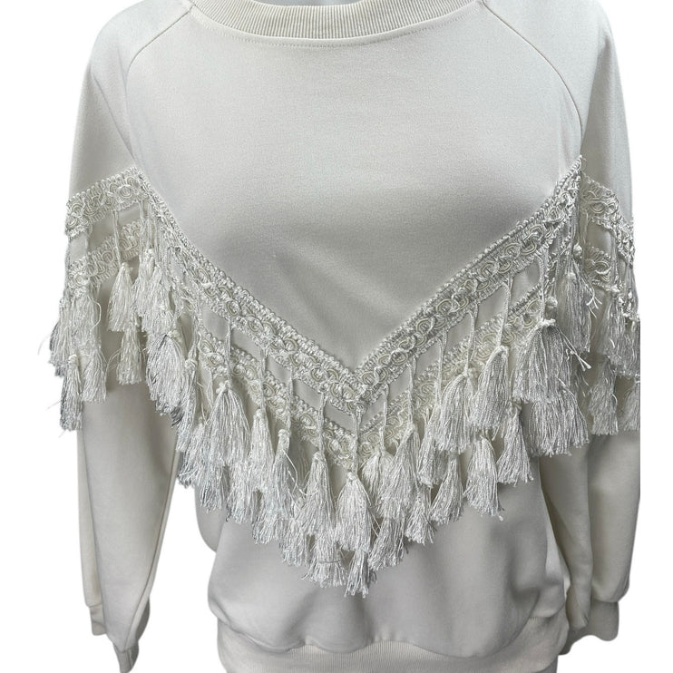 Vera & Lucy Women's White Tassels Fringe Long Sleeve Sweatshirt Sweater Top Sz M