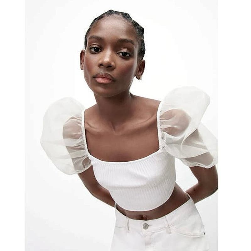 Zara White Combined Organza Knit Puff Sleeve Square Neck Cropped Blous Brie Zara White Combined Organza Knit Puff Sleeve Square Neck Cropped Blous Brie