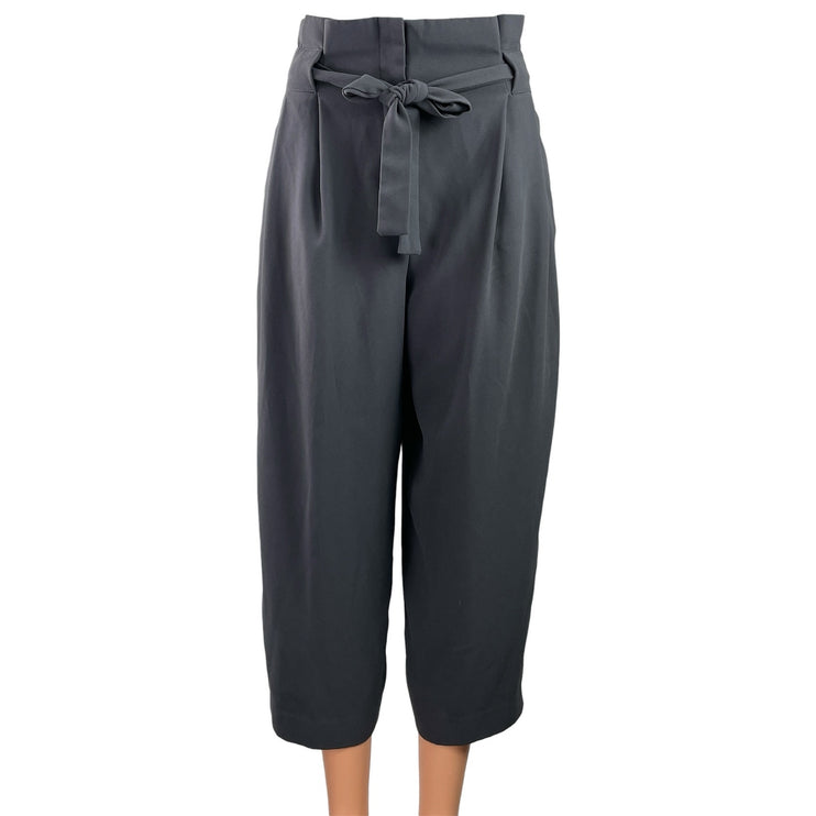 H&M Women's Gray Pleated High Waisted Tie Belt Cropped Paperbag Trouser Pants 2