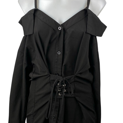 Harper Black Two Way Off Shoulder Long Sleeve Button Down Lace Up Shirt Top Sz L