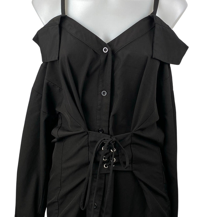 Harper Black Two Way Off Shoulder Long Sleeve Button Down Lace Up Shirt Top Sz L