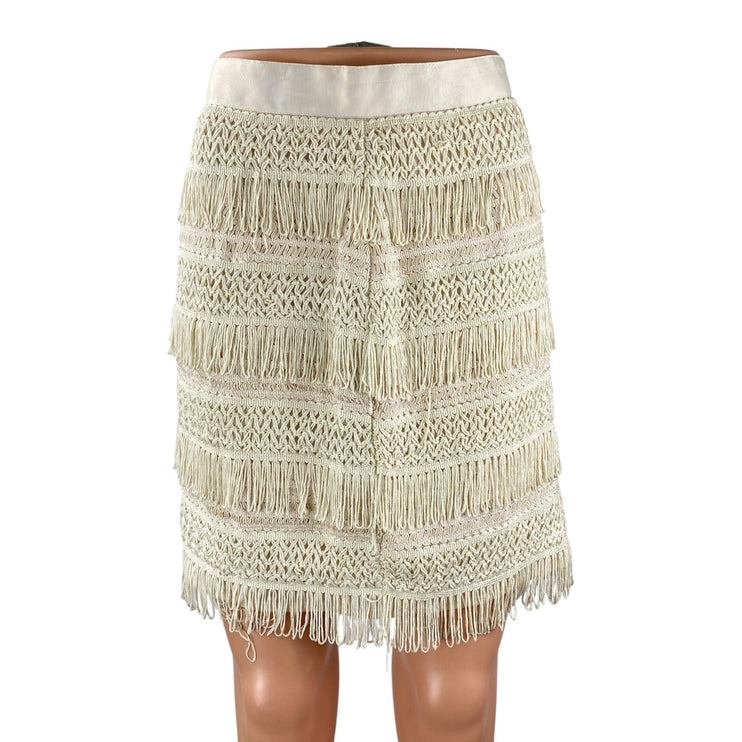 Francesca's Mi Ami Cream Ivory Fringe Boho High Waisted Pencil Mini Skirt Size S