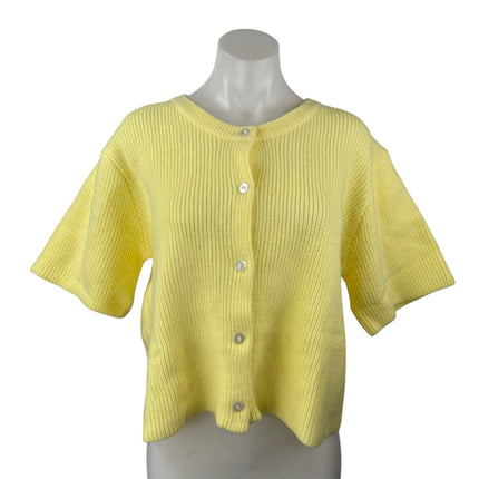 Women's Yellow Ribbed Knit Short Sleeve Button Down Blouse Shirt Top Size M