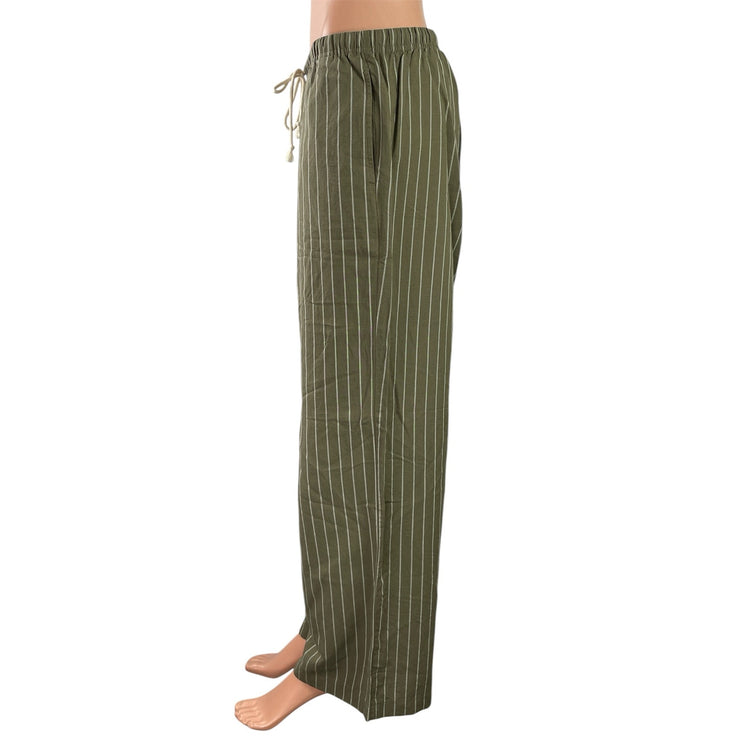 Uniqlo Olive Green Linen Blend Striped Casual Wide Leg Lounge Trouser Pants M