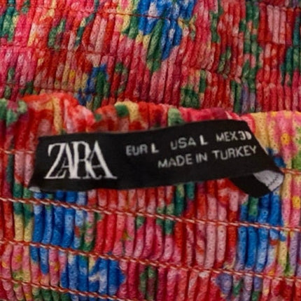 Zara Multicolor Floral Puff Sleeve Smocked Square Neck Mini Fit & Flare Dress L