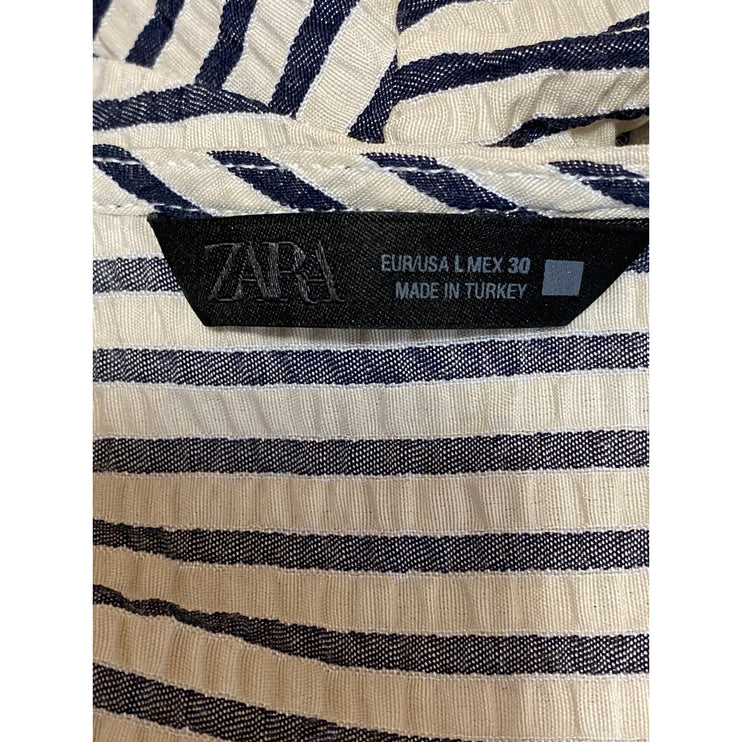 Zara Blue White Striped Tie Up Bow V Neck Short Puff Sleeve Crop Blouse Top Sz L