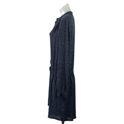 Hilary Radley Navy Blue Geometric Leaf Print Long-sleeve Blouson Midi Dress Sz L