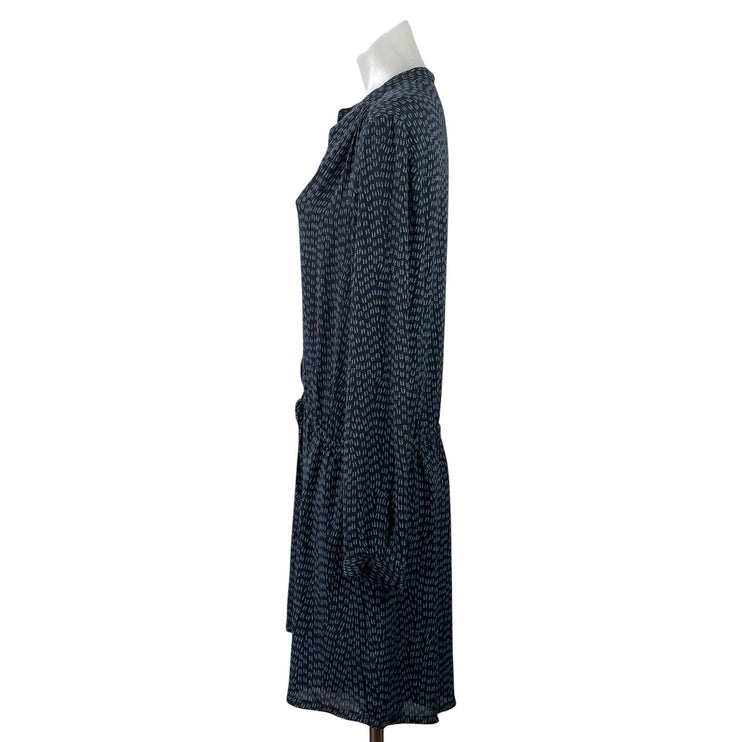 Hilary Radley Navy Blue Geometric Leaf Print Long-sleeve Blouson Midi Dress Sz L