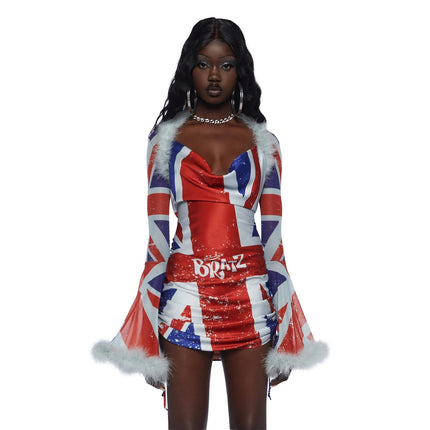 Dolls Kill x Bratz Cool Britannia Silk Satin Union Jack Shrug Dress Set Sz XXS