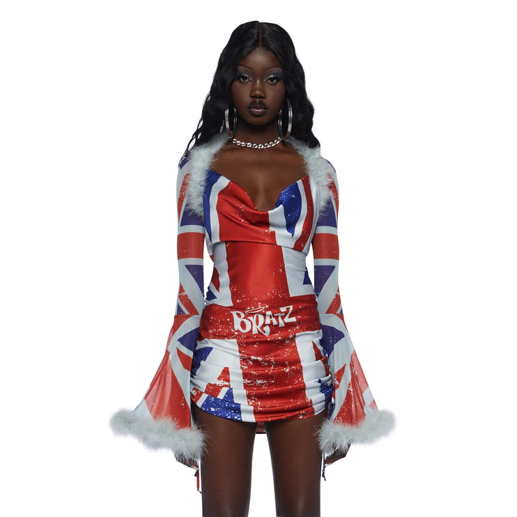 Dolls Kill x Bratz Cool Britannia Silk Satin Union Jack Shrug Dress Set Sz XXS