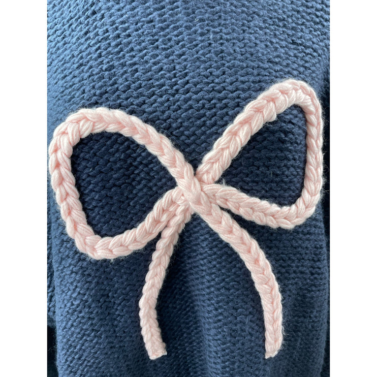 Cider Women Navy Blue Pink Ribbon Bow Braid Coquette Long Sleeve Sweater Top 3XL