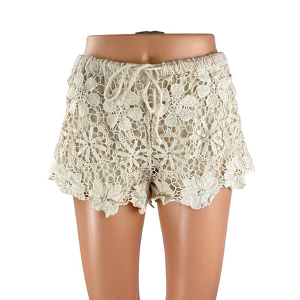 Fashion on Earth Cream Floral Crochet Knit Drawstring Beach Mini Shorts Size M