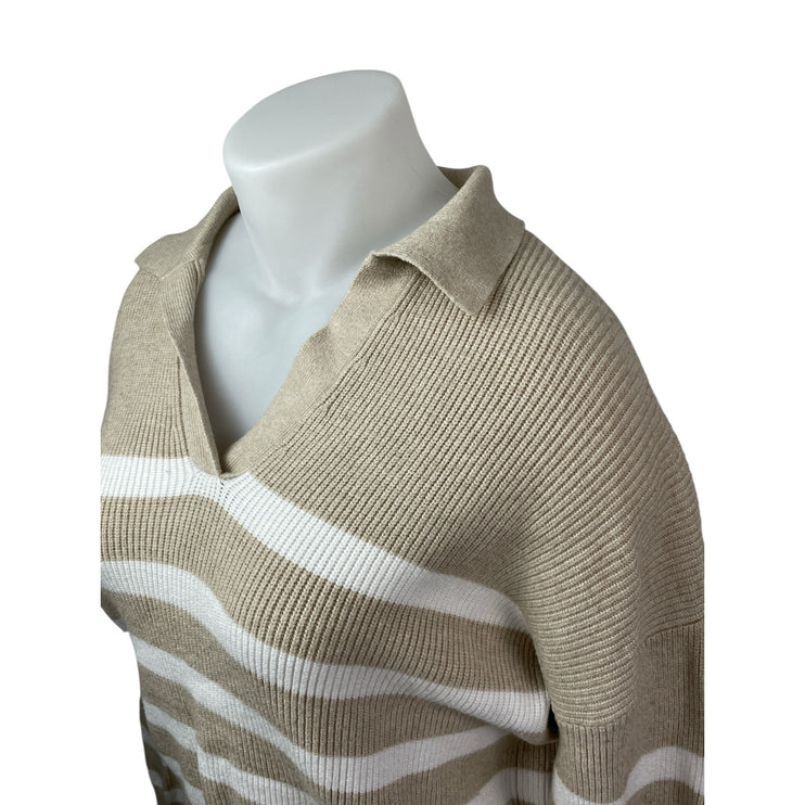 Marled Women's Beige White Striped Collared Long Sleeve Crop Polo Sweater Top XL