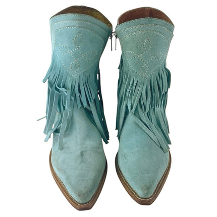 Free People Lawless Fringe Blue Suede Pointed Toe Zip Western Boots Booties Sz 6