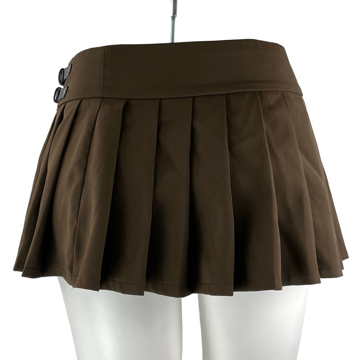 Edikted Polina Women Brown Double Belt Pleated Mini Skater Flare A-Line Skirt XL